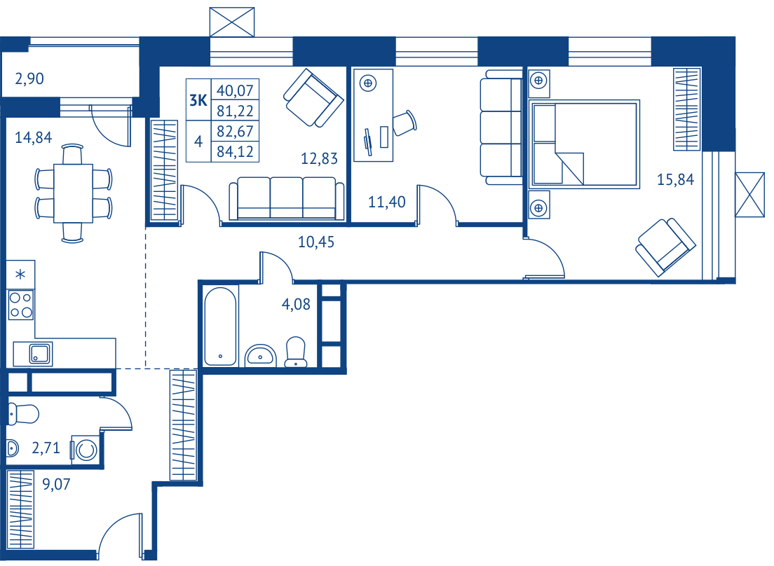 3 комн. квартира, 81.2 м², 2 этаж 