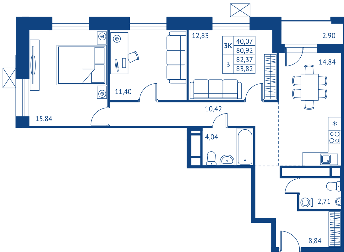 3 комн. квартира, 80.9 м², 11 этаж 