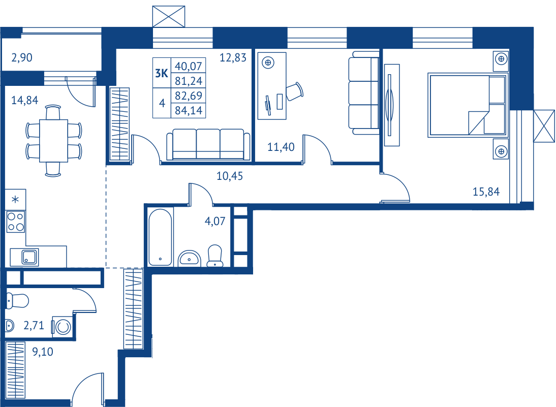3 комн. квартира, 81.2 м², 21 этаж 