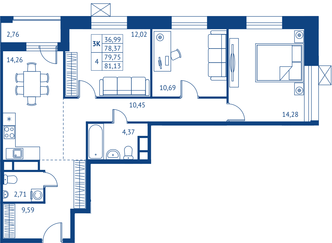 3 комн. квартира, 78.4 м², 7 этаж 