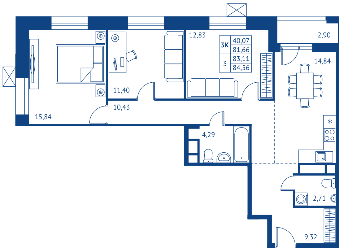 3 комн. квартира, 81.7 м², 2 этаж 
