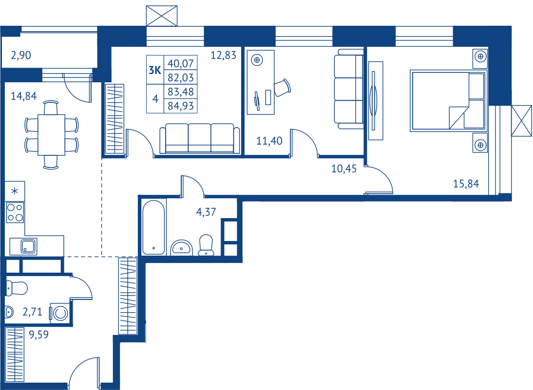 3 комн. квартира, 82 м², 2 этаж 