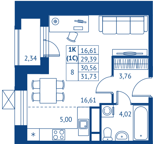 студия, 29.4 м², 7 этаж 