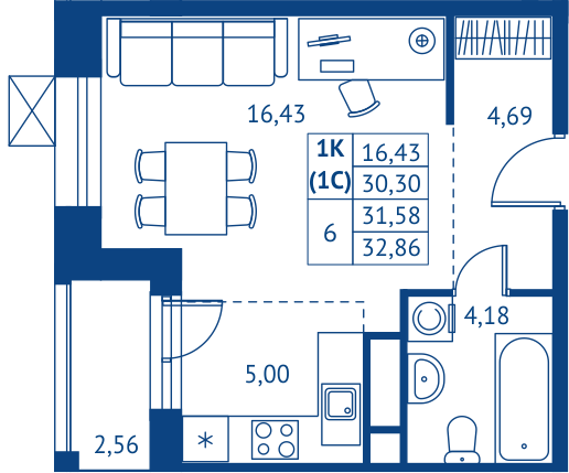 студия, 30.3 м², 2 этаж 