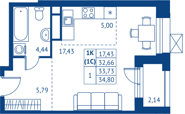 студия, 32.6 м², 6 этаж 