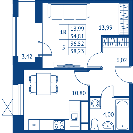 1 комн. квартира, 34.8 м², 7 этаж 