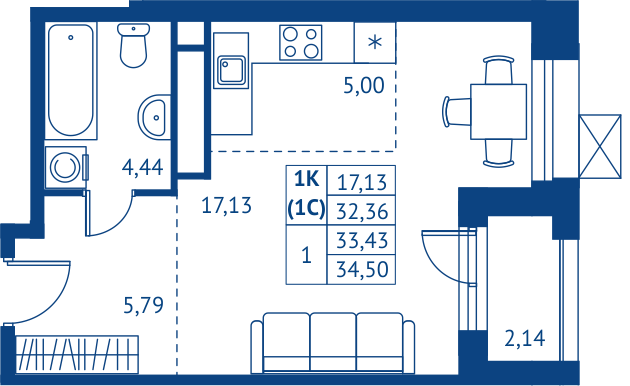 студия, 32.4 м², 16 этаж 