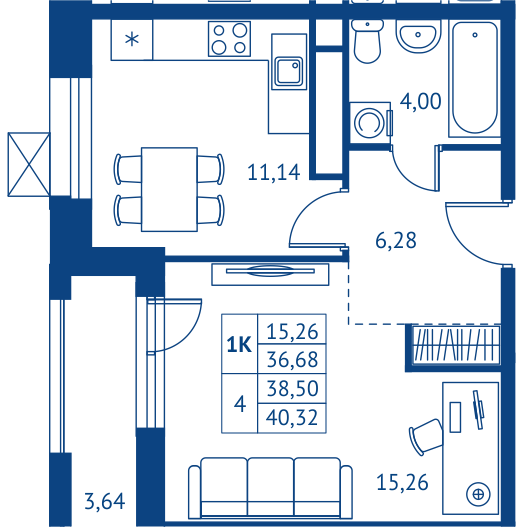 1 комн. квартира, 36.7 м², 13 этаж 