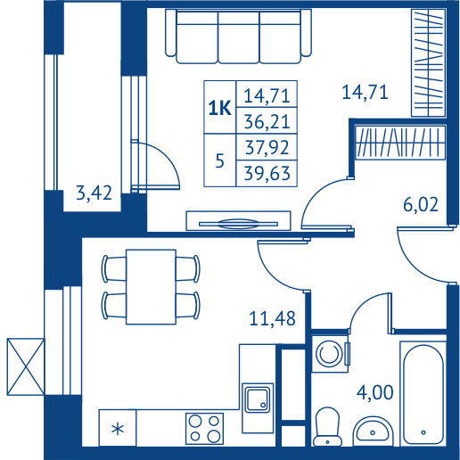 1 комн. квартира, 36.2 м², 2 этаж 