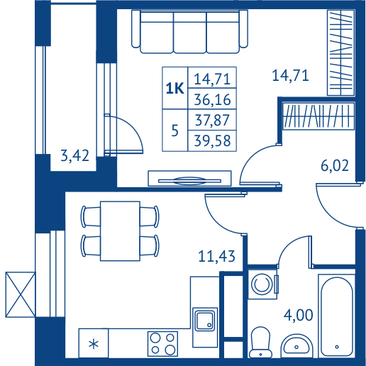 1 комн. квартира, 36.1 м², 8 этаж 