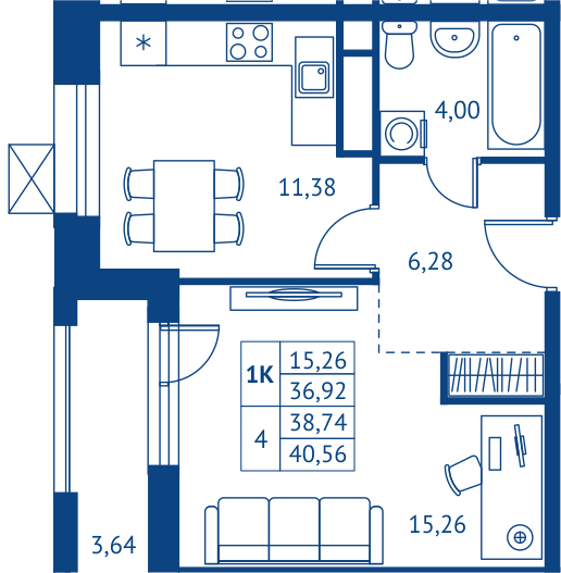 1 комн. квартира, 36.9 м², 8 этаж 