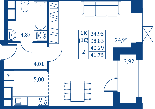 студия, 38.8 м², 7 этаж 