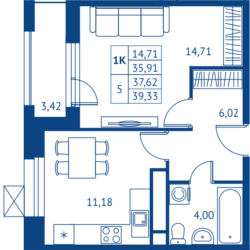 1 комн. квартира, 35.9 м², 16 этаж 