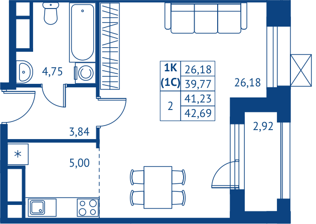 студия, 39.8 м², 13 этаж 