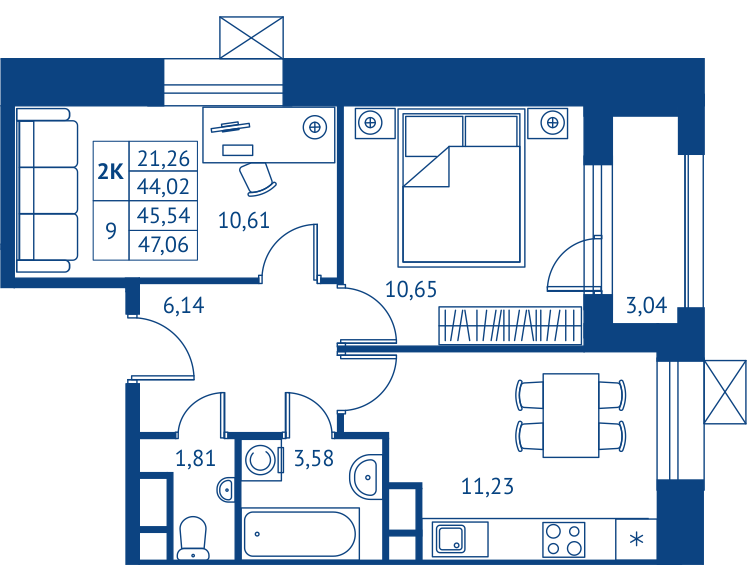 2 комн. квартира, 44 м², 7 этаж 