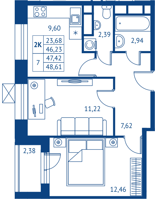 2 комн. квартира, 46.2 м², 10 этаж 