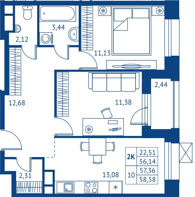 2 комн. квартира, 56.1 м², 7 этаж 