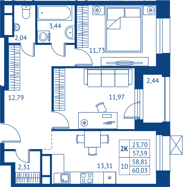 2 комн. квартира, 57.6 м², 13 этаж 
