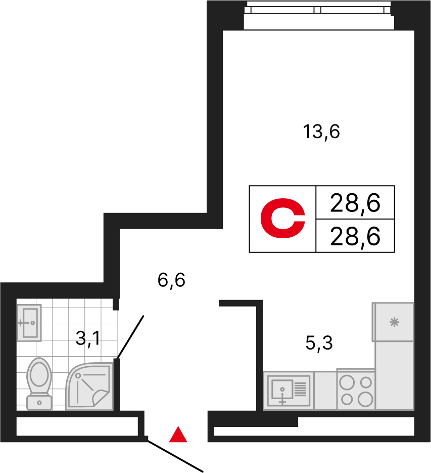 1 комн. квартира, 28.6 м², 4 этаж 