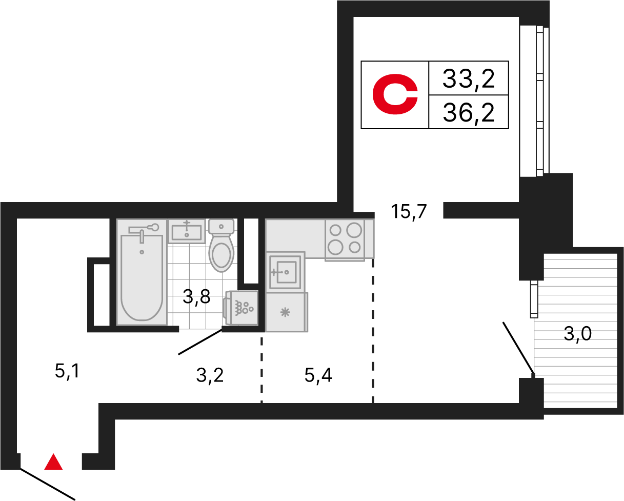 1 комн. квартира, 36.2 м², 4 этаж 