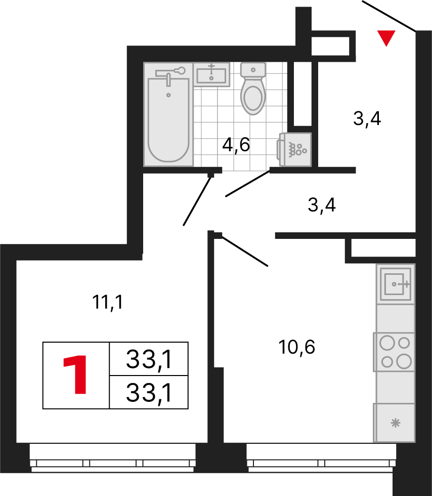 1 комн. квартира, 33.1 м², 4 этаж 