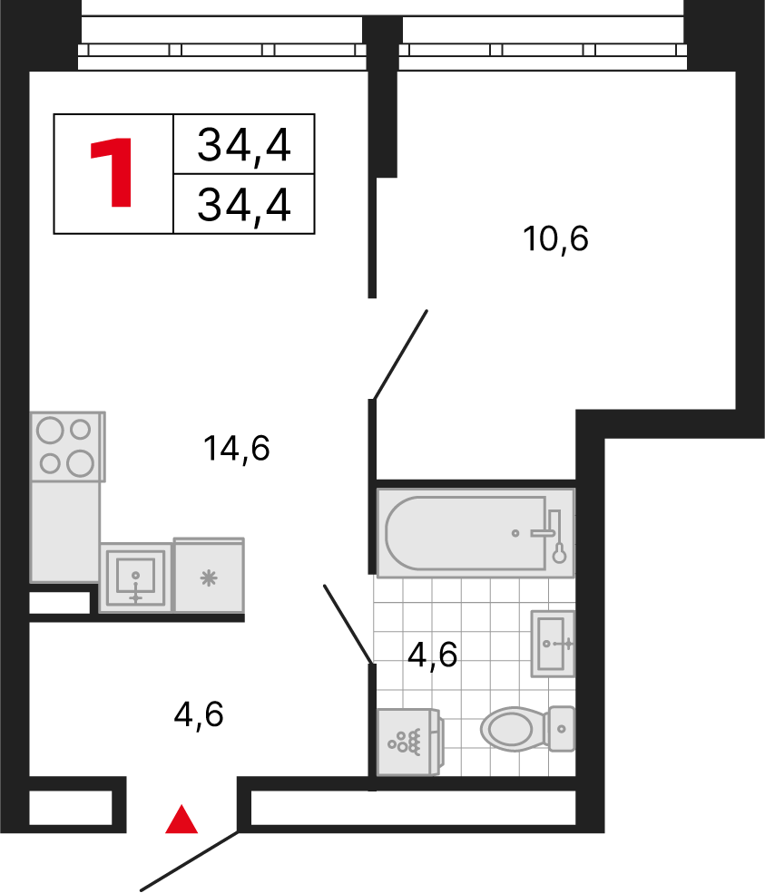1 комн. квартира, 34.4 м², 4 этаж 