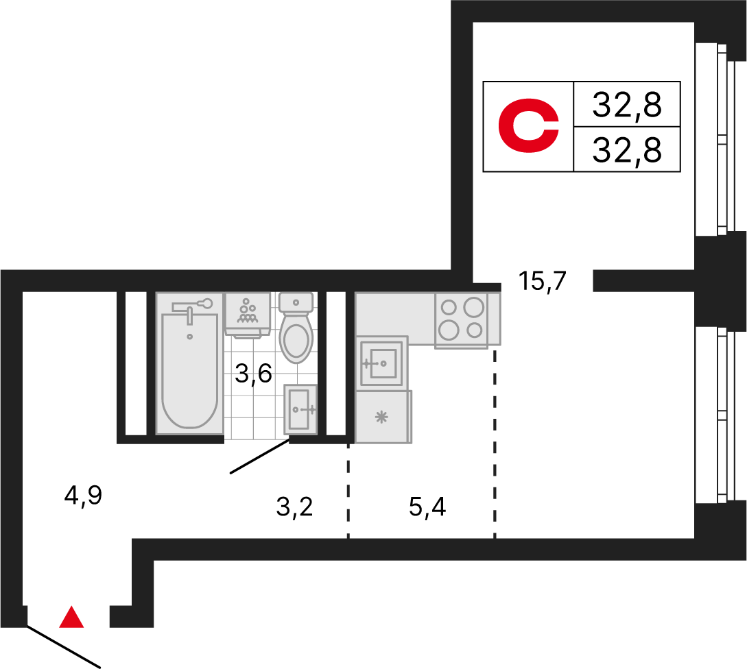 1 комн. квартира, 32.8 м², 28 этаж 