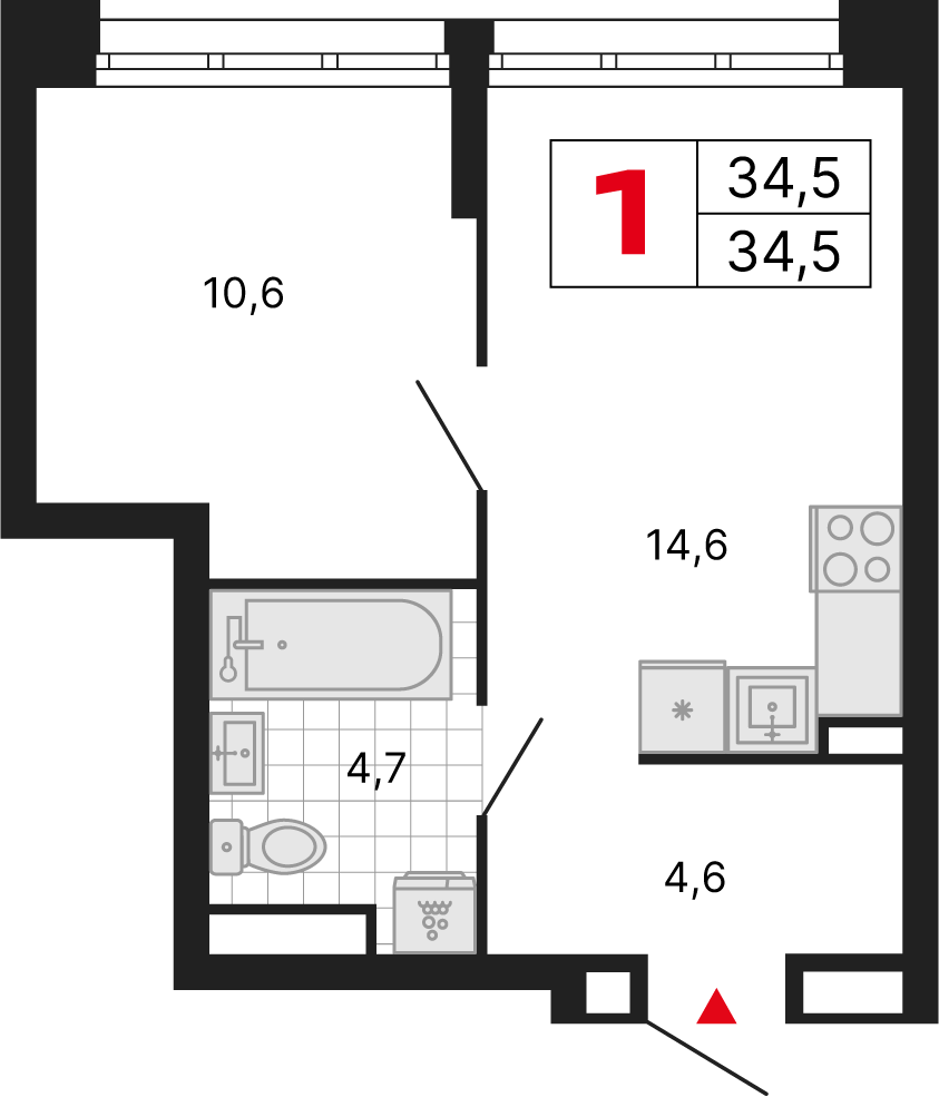 1 комн. квартира, 34.5 м², 6 этаж 