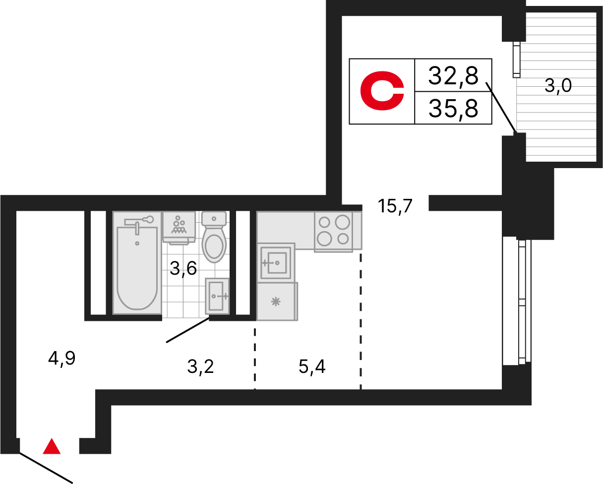 1 комн. квартира, 35.8 м², 20 этаж 