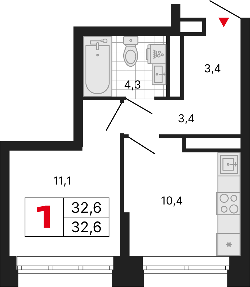 1 комн. квартира, 32.6 м², 25 этаж 