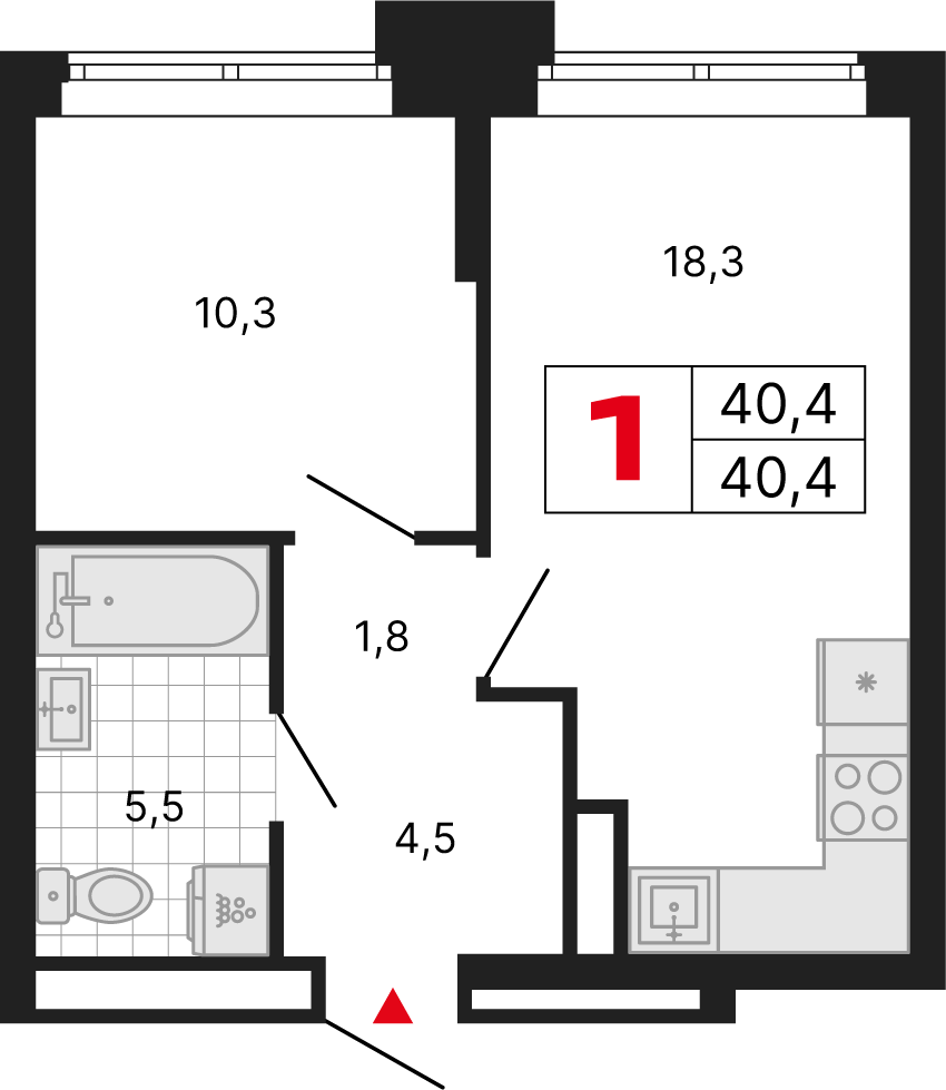 1 комн. квартира, 40.4 м², 5 этаж 