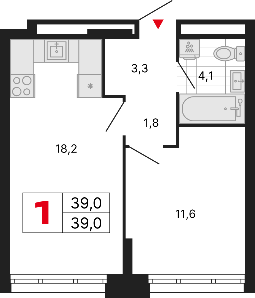 1 комн. квартира, 39 м², 3 этаж 