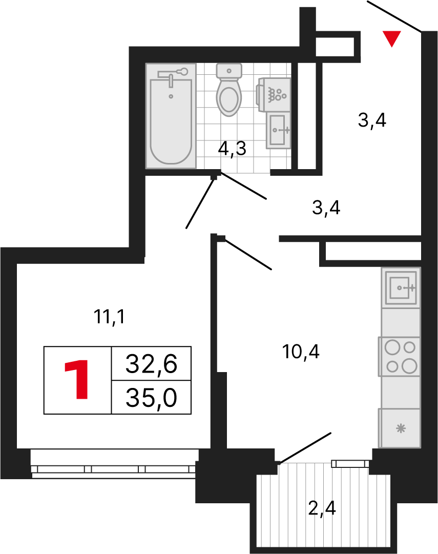 1 комн. квартира, 35 м², 24 этаж 