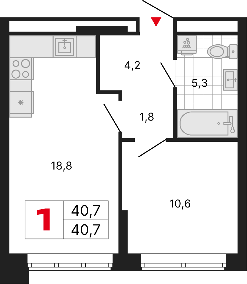 1 комн. квартира, 40.7 м², 3 этаж 