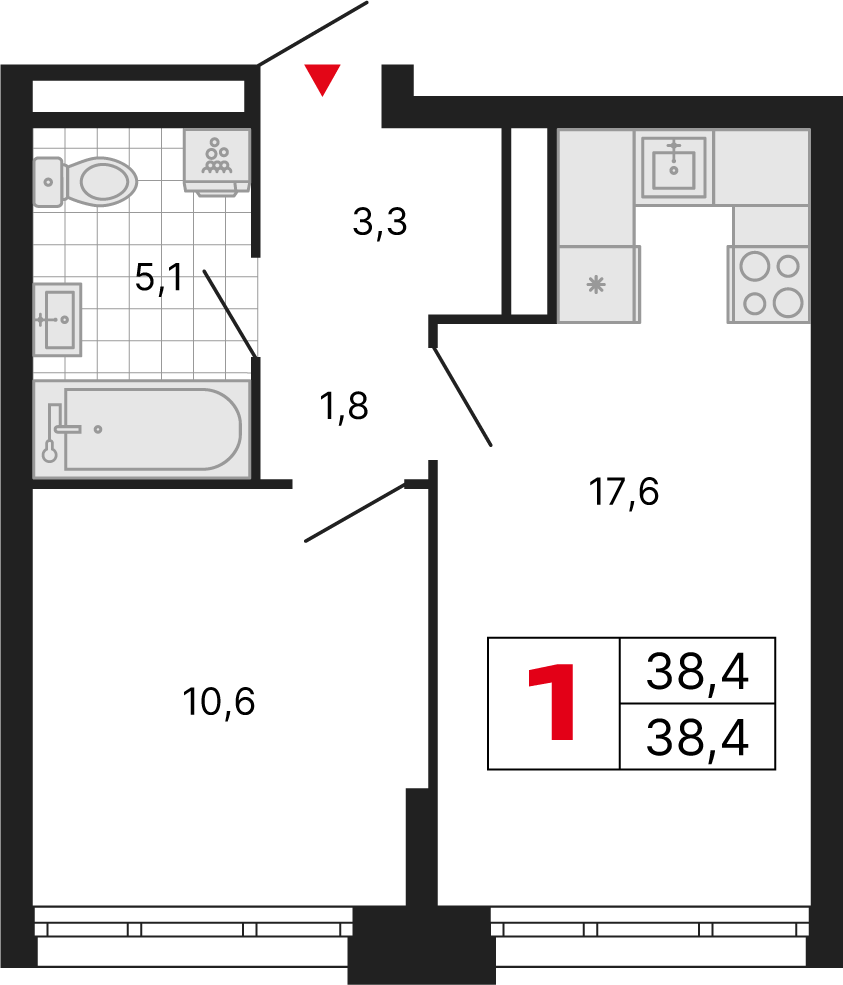 1 комн. квартира, 38.4 м², 10 этаж 