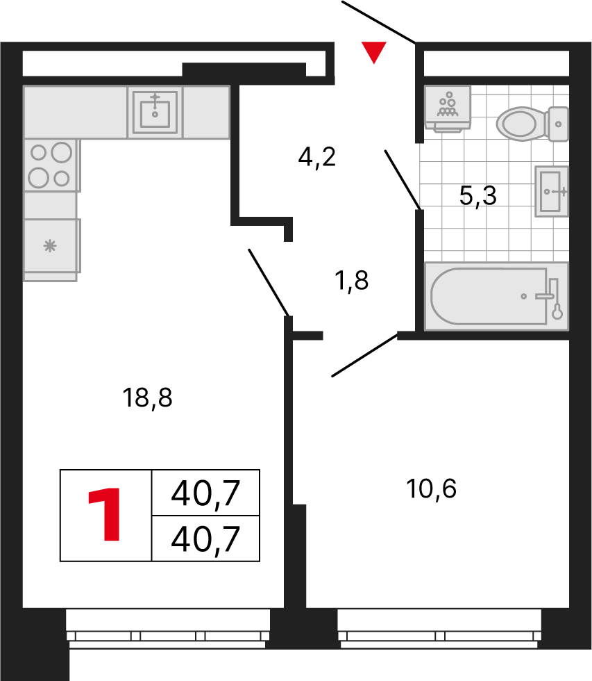 1 комн. квартира, 40.7 м², 5 этаж 