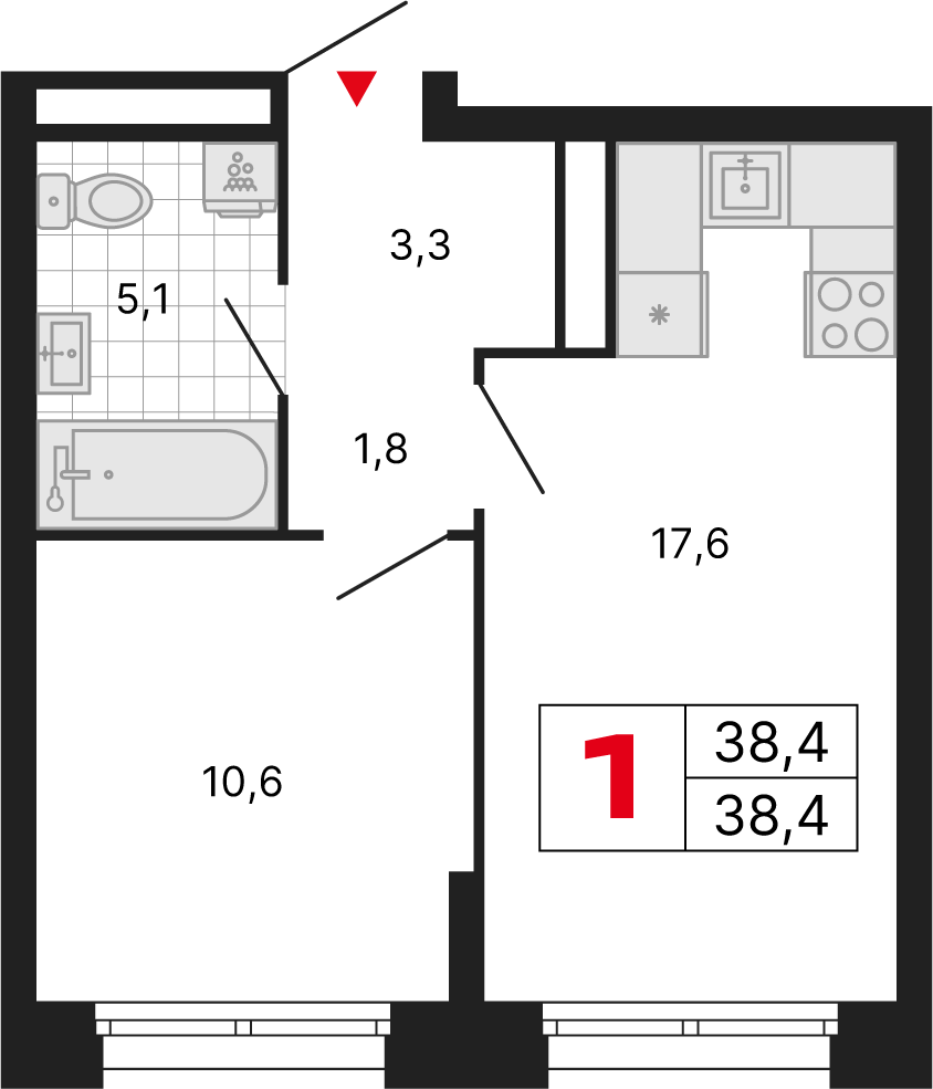 1 комн. квартира, 38.4 м², 14 этаж 