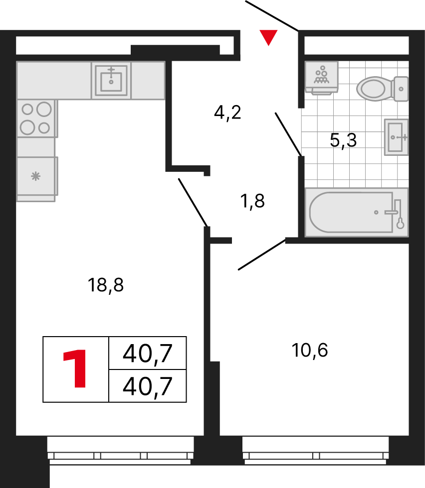1 комн. квартира, 40.7 м², 11 этаж 