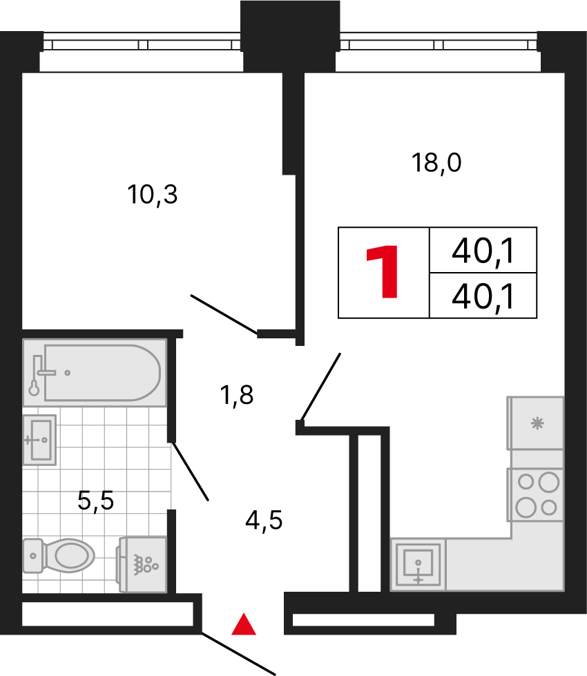 1 комн. квартира, 40.1 м², 18 этаж 