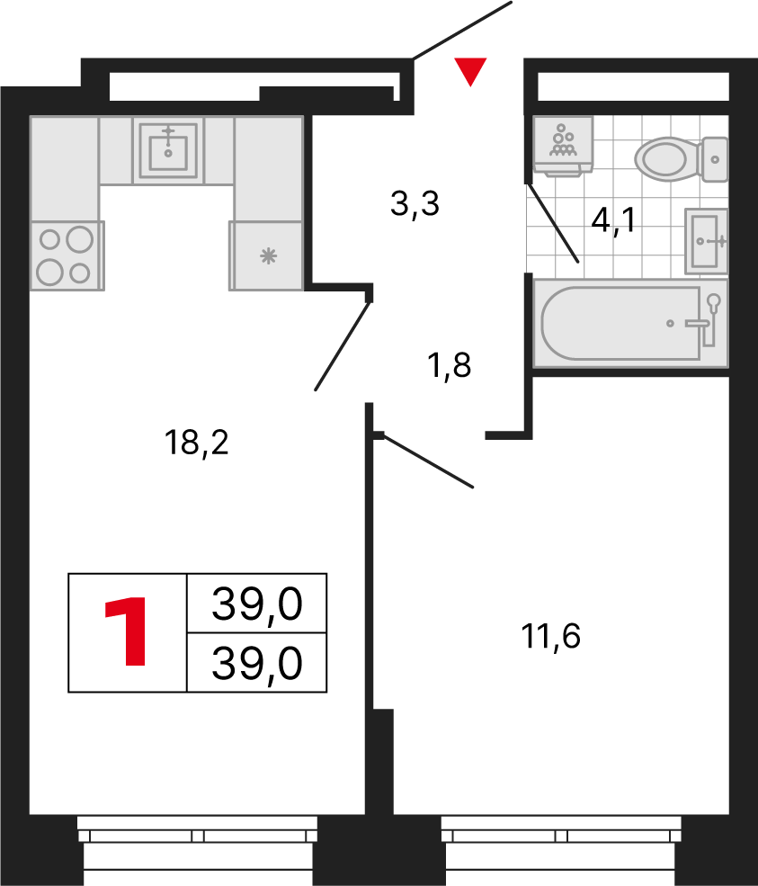 1 комн. квартира, 39 м², 13 этаж 