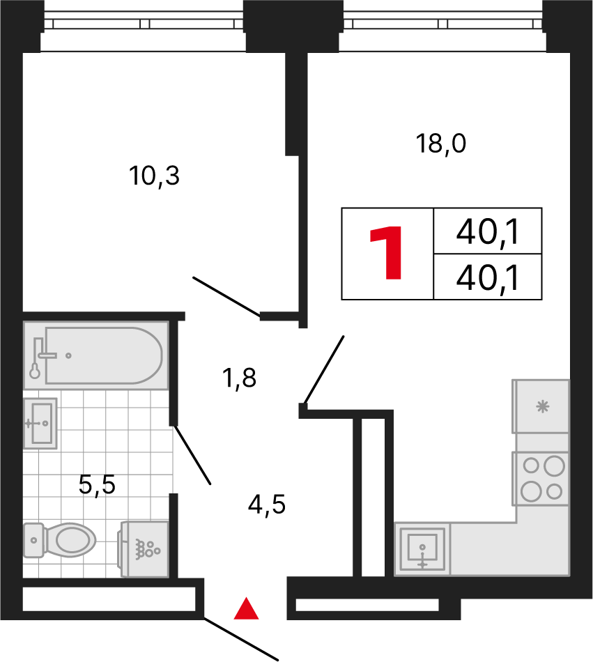 1 комн. квартира, 40.1 м², 27 этаж 