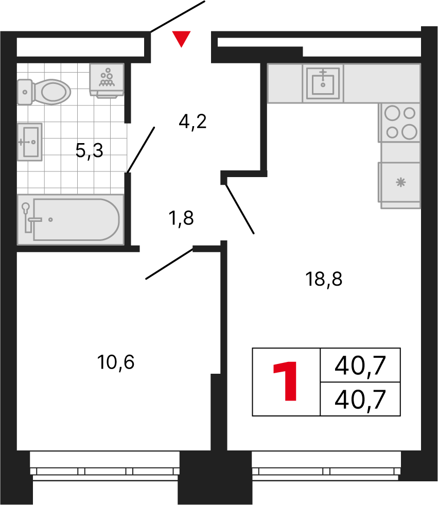 1 комн. квартира, 40.7 м², 23 этаж 