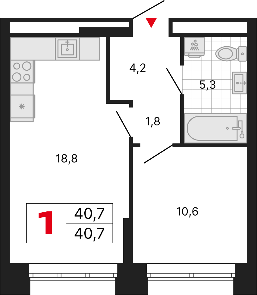 1 комн. квартира, 40.7 м², 25 этаж 