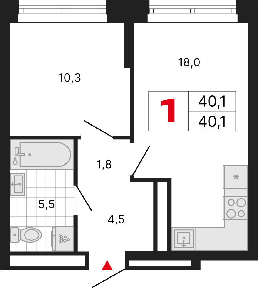 1 комн. квартира, 40.1 м², 29 этаж 