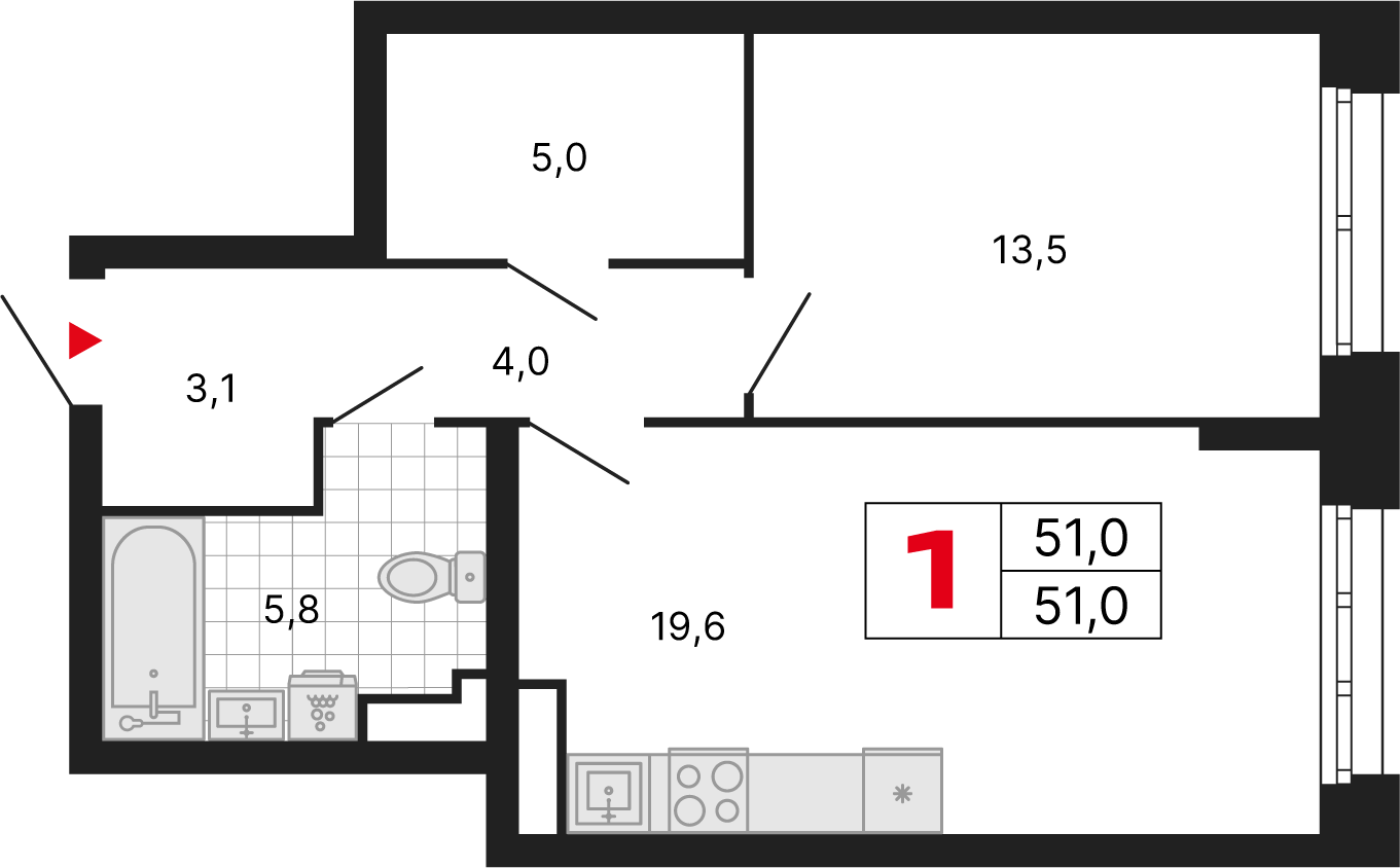 1 комн. квартира, 51 м², 15 этаж 