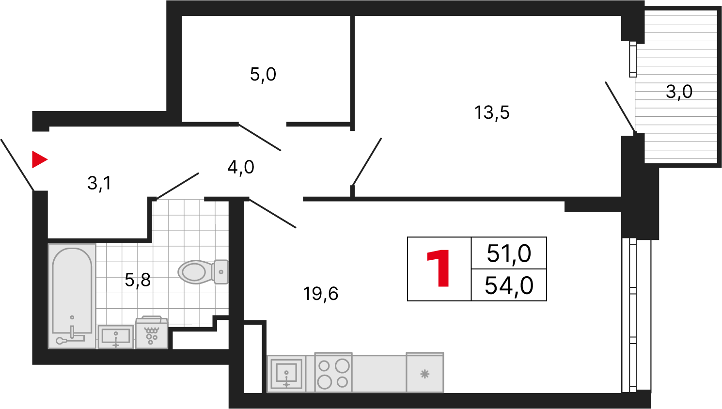 1 комн. квартира, 54 м², 5 этаж 