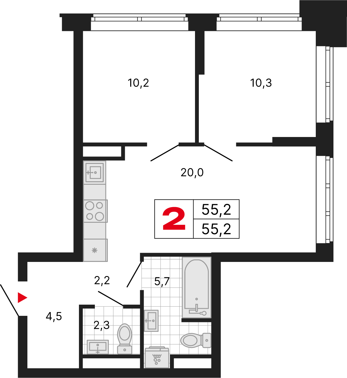2 комн. квартира, 55.2 м², 7 этаж 