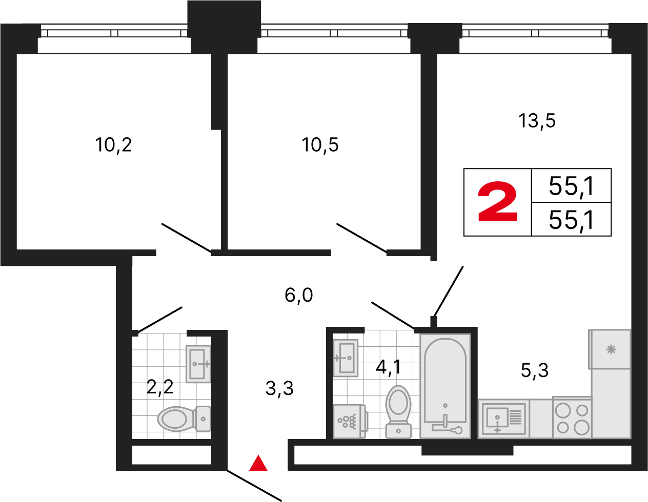 2 комн. квартира, 55.1 м², 16 этаж 