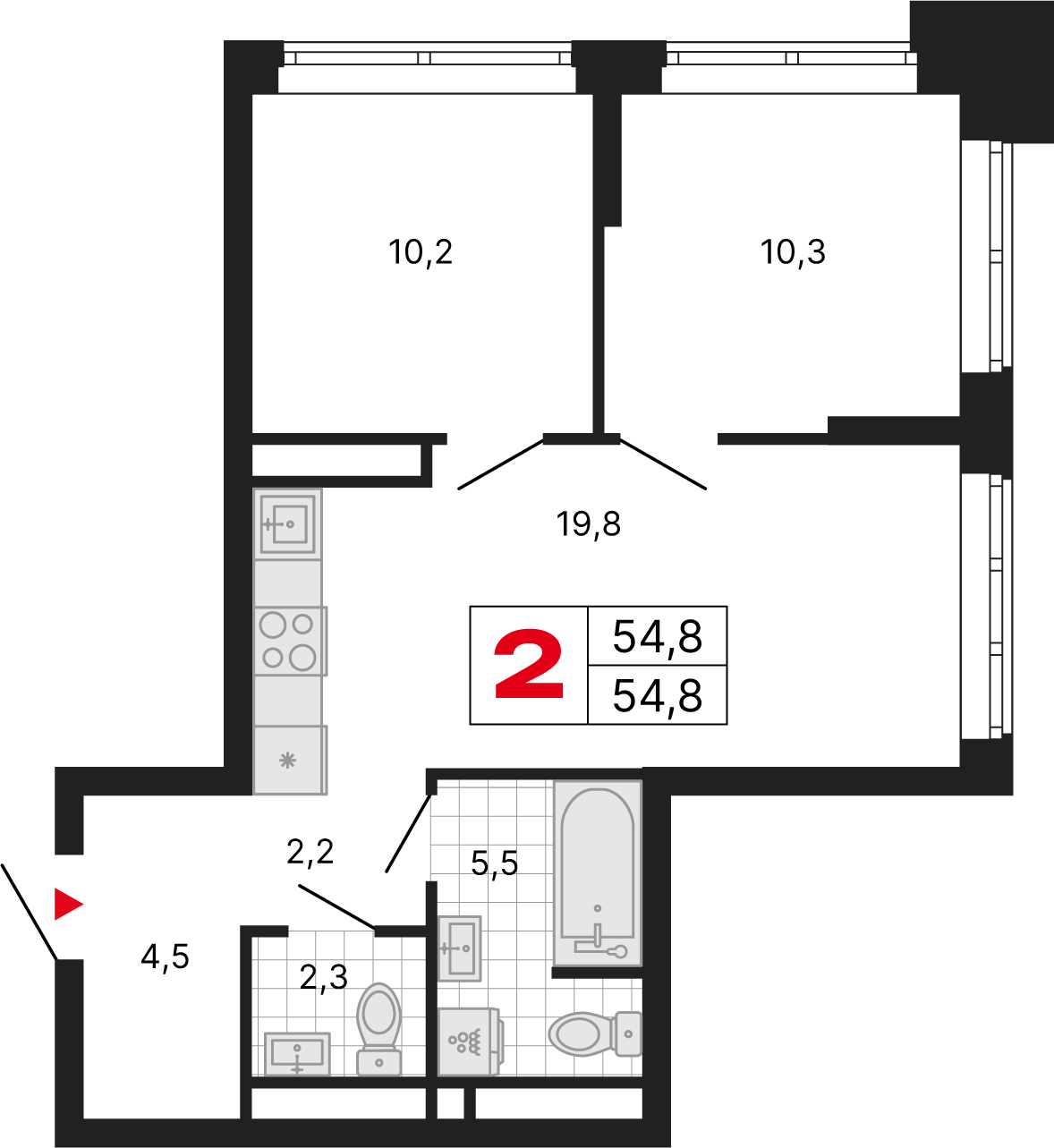 2 комн. квартира, 54.8 м², 16 этаж 