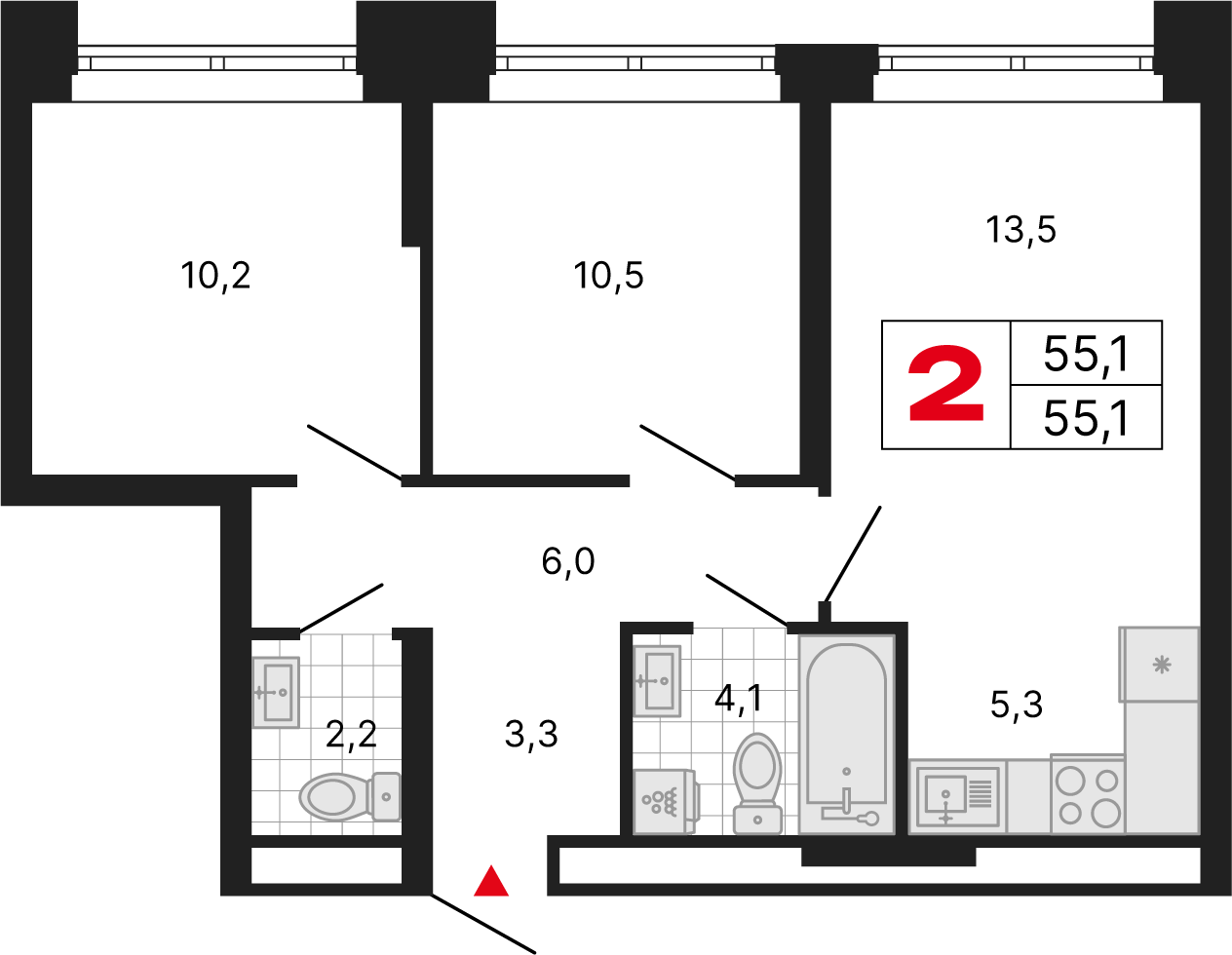 2 комн. квартира, 55.1 м², 23 этаж 